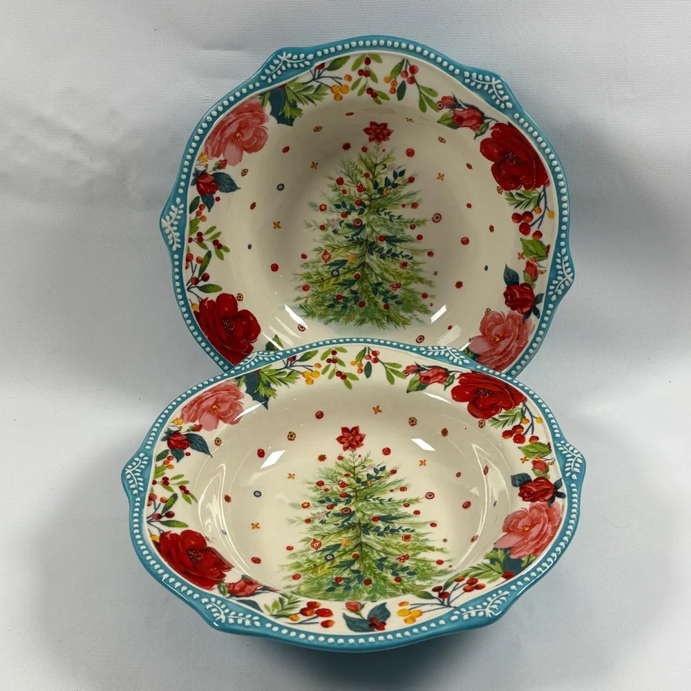 Pioneer Woman Wishful Winter Christmas Tree Low Rim Bowl Set of 2 Soup Pasta